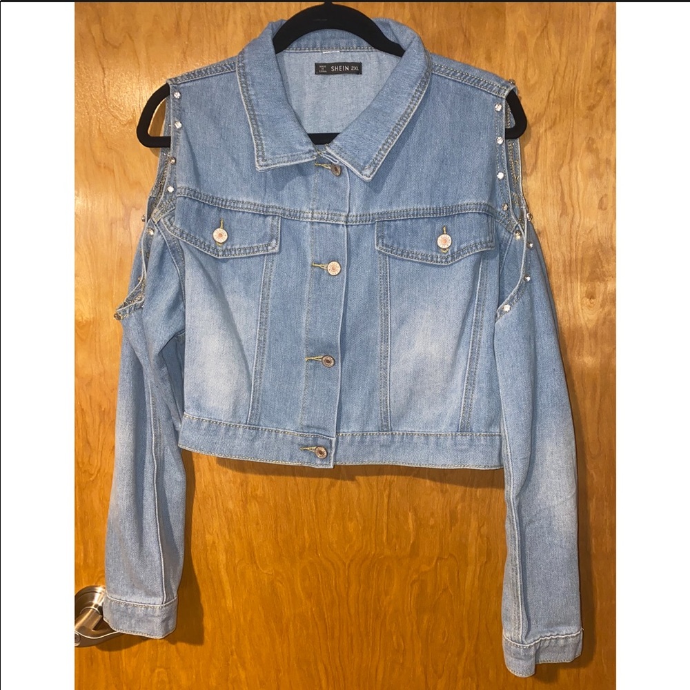 Denim jacket open shoulder with gems. Size 2x